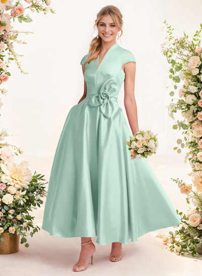 Ball-Gown V-Neck Short Sleeves Satin Bridesmaid Dresses With Flower(s)