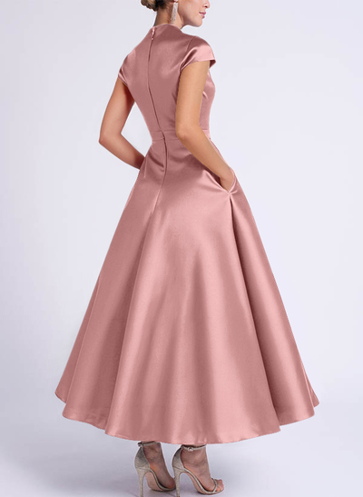 Ball-Gown V-Neck Short Sleeves Satin Bridesmaid Dresses With Flower(s)