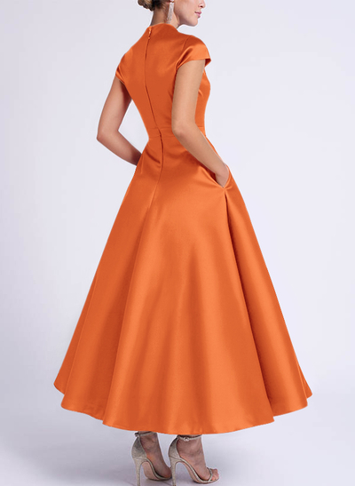 Ball-Gown V-Neck Short Sleeves Satin Bridesmaid Dresses With Flower(s)