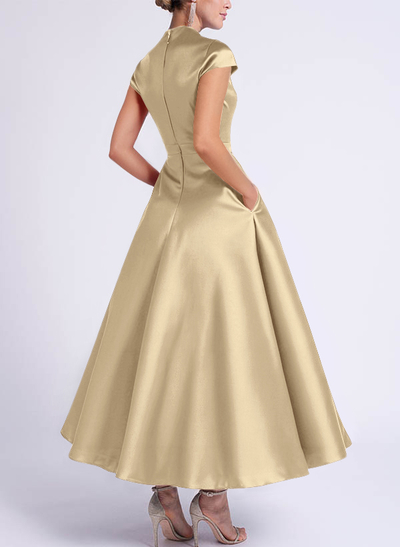 Ball-Gown V-Neck Short Sleeves Satin Bridesmaid Dresses With Flower(s)