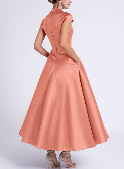 Ball-Gown V-Neck Short Sleeves Satin Bridesmaid Dresses With Flower(s)