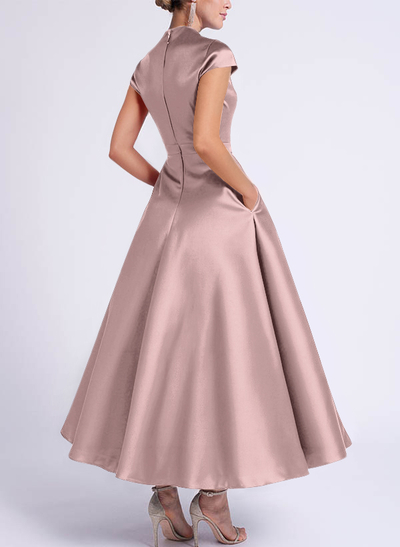 Ball-Gown V-Neck Short Sleeves Satin Bridesmaid Dresses With Flower(s)
