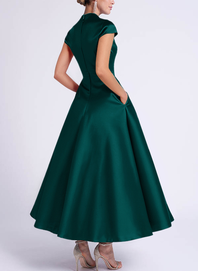 Ball-Gown V-Neck Short Sleeves Satin Bridesmaid Dresses With Flower(s)