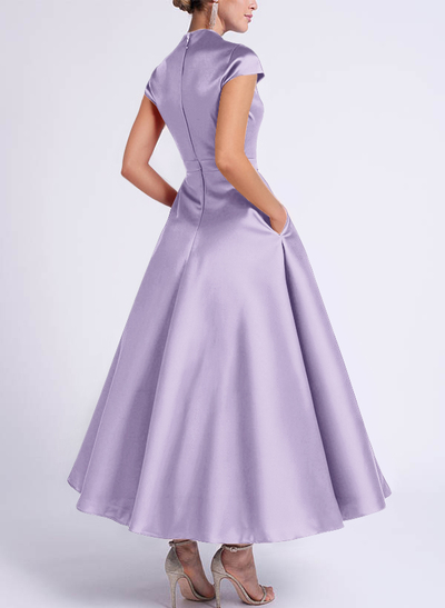 Ball-Gown V-Neck Short Sleeves Satin Bridesmaid Dresses With Flower(s)