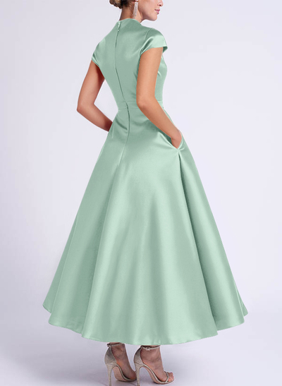 Ball-Gown V-Neck Short Sleeves Satin Bridesmaid Dresses With Flower(s)