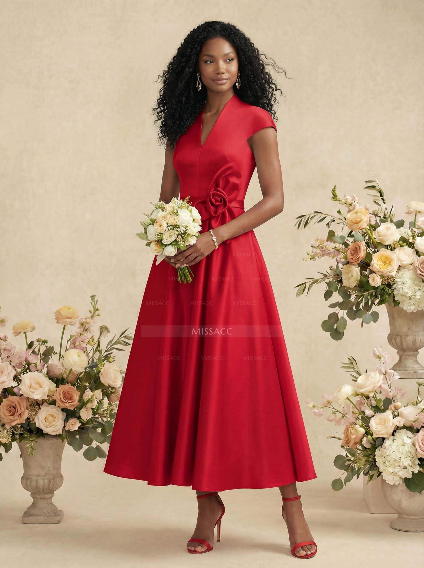 Ball-Gown V-Neck Short Sleeves Satin Bridesmaid Dresses With Flower(s)