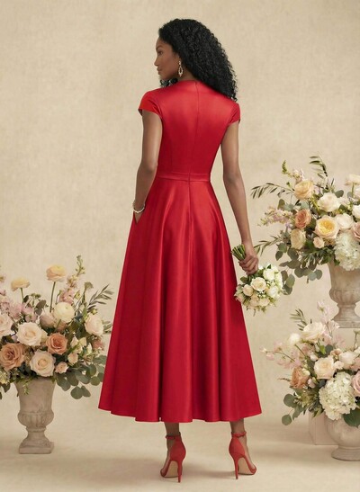 Ball-Gown V-Neck Short Sleeves Satin Bridesmaid Dresses With Flower(s)