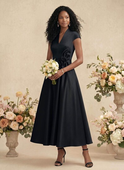 Ball-Gown V-Neck Short Sleeves Satin Bridesmaid Dresses With Flower(s)