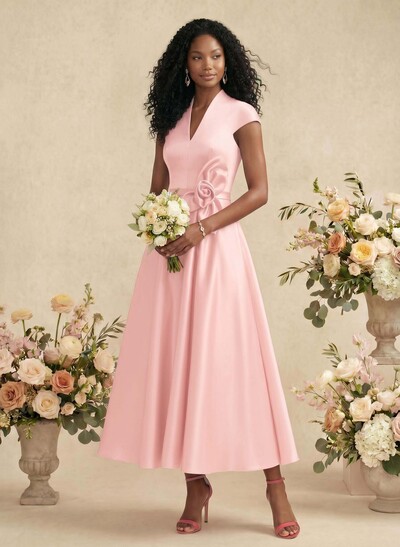 Ball-Gown V-Neck Short Sleeves Satin Bridesmaid Dresses With Flower(s)