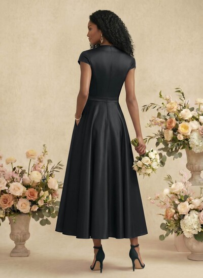 Ball-Gown V-Neck Short Sleeves Satin Bridesmaid Dresses With Flower(s)