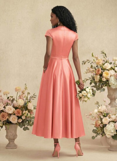 Ball-Gown V-Neck Short Sleeves Satin Bridesmaid Dresses With Flower(s)
