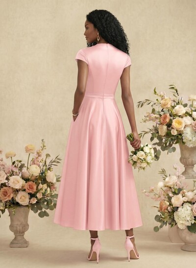 Ball-Gown V-Neck Short Sleeves Satin Bridesmaid Dresses With Flower(s)