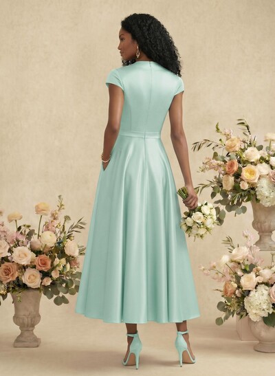 Ball-Gown V-Neck Short Sleeves Satin Bridesmaid Dresses With Flower(s)