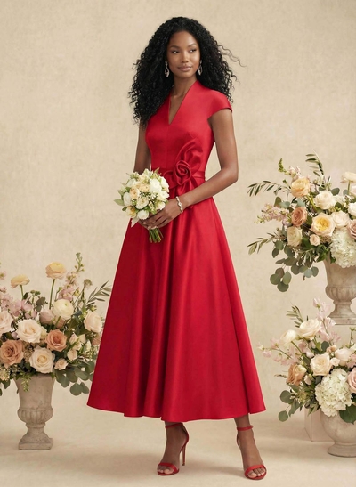 Ball-Gown V-Neck Short Sleeves Satin Bridesmaid Dresses With Flower(s)