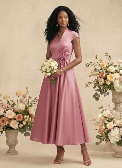 Ball-Gown V-Neck Short Sleeves Satin Bridesmaid Dresses With Flower(s)