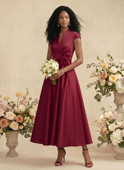 Ball-Gown V-Neck Short Sleeves Satin Bridesmaid Dresses With Flower(s)