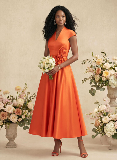 Ball-Gown V-Neck Short Sleeves Satin Bridesmaid Dresses With Flower(s)
