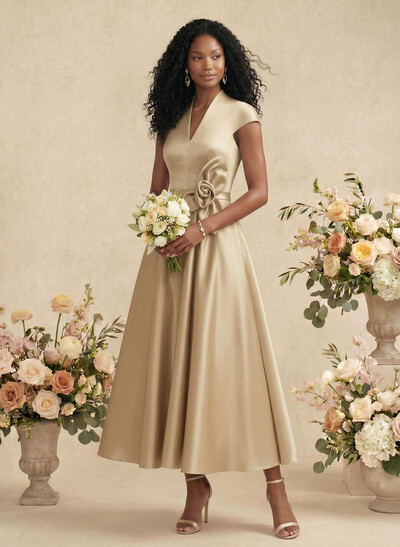 Ball-Gown V-Neck Short Sleeves Satin Bridesmaid Dresses With Flower(s)