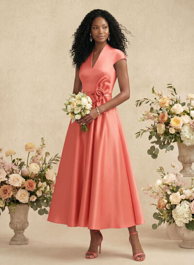 Ball-Gown V-Neck Short Sleeves Satin Bridesmaid Dresses With Flower(s)