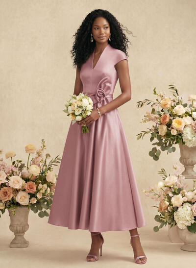 Ball-Gown V-Neck Short Sleeves Satin Bridesmaid Dresses With Flower(s)