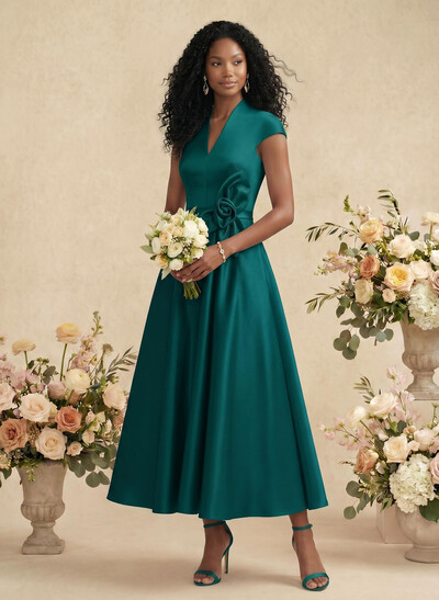 Ball-Gown V-Neck Short Sleeves Satin Bridesmaid Dresses With Flower(s)