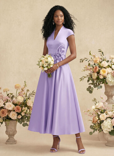 Ball-Gown V-Neck Short Sleeves Satin Bridesmaid Dresses With Flower(s)