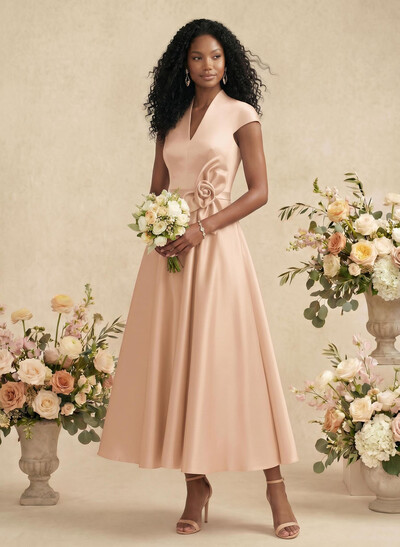Ball-Gown V-Neck Short Sleeves Satin Bridesmaid Dresses With Flower(s)