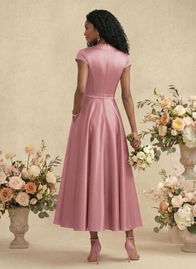 Ball-Gown V-Neck Short Sleeves Satin Bridesmaid Dresses With Flower(s)