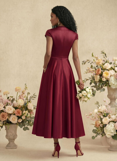 Ball-Gown V-Neck Short Sleeves Satin Bridesmaid Dresses With Flower(s)