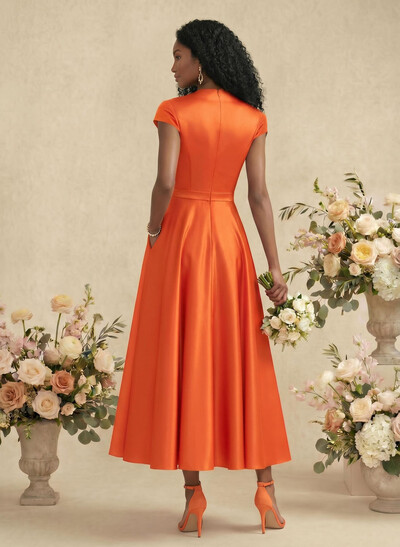 Ball-Gown V-Neck Short Sleeves Satin Bridesmaid Dresses With Flower(s)
