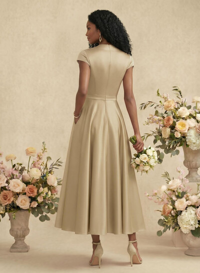 Ball-Gown V-Neck Short Sleeves Satin Bridesmaid Dresses With Flower(s)