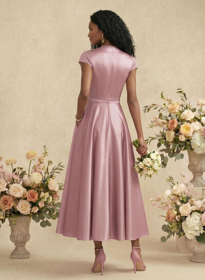 Ball-Gown V-Neck Short Sleeves Satin Bridesmaid Dresses With Flower(s)