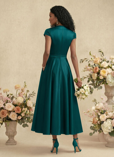 Ball-Gown V-Neck Short Sleeves Satin Bridesmaid Dresses With Flower(s)