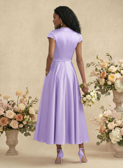 Ball-Gown V-Neck Short Sleeves Satin Bridesmaid Dresses With Flower(s)