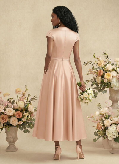 Ball-Gown V-Neck Short Sleeves Satin Bridesmaid Dresses With Flower(s)