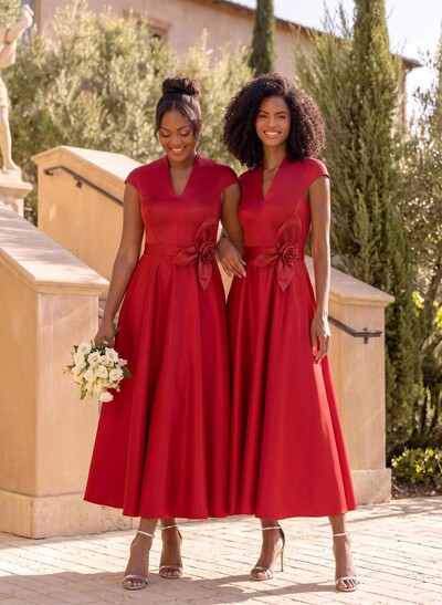 Ball-Gown V-Neck Short Sleeves Satin Bridesmaid Dresses With Flower(s)