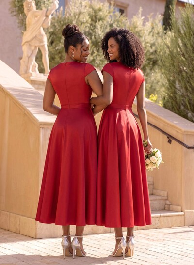 Ball-Gown V-Neck Short Sleeves Satin Bridesmaid Dresses With Flower(s)