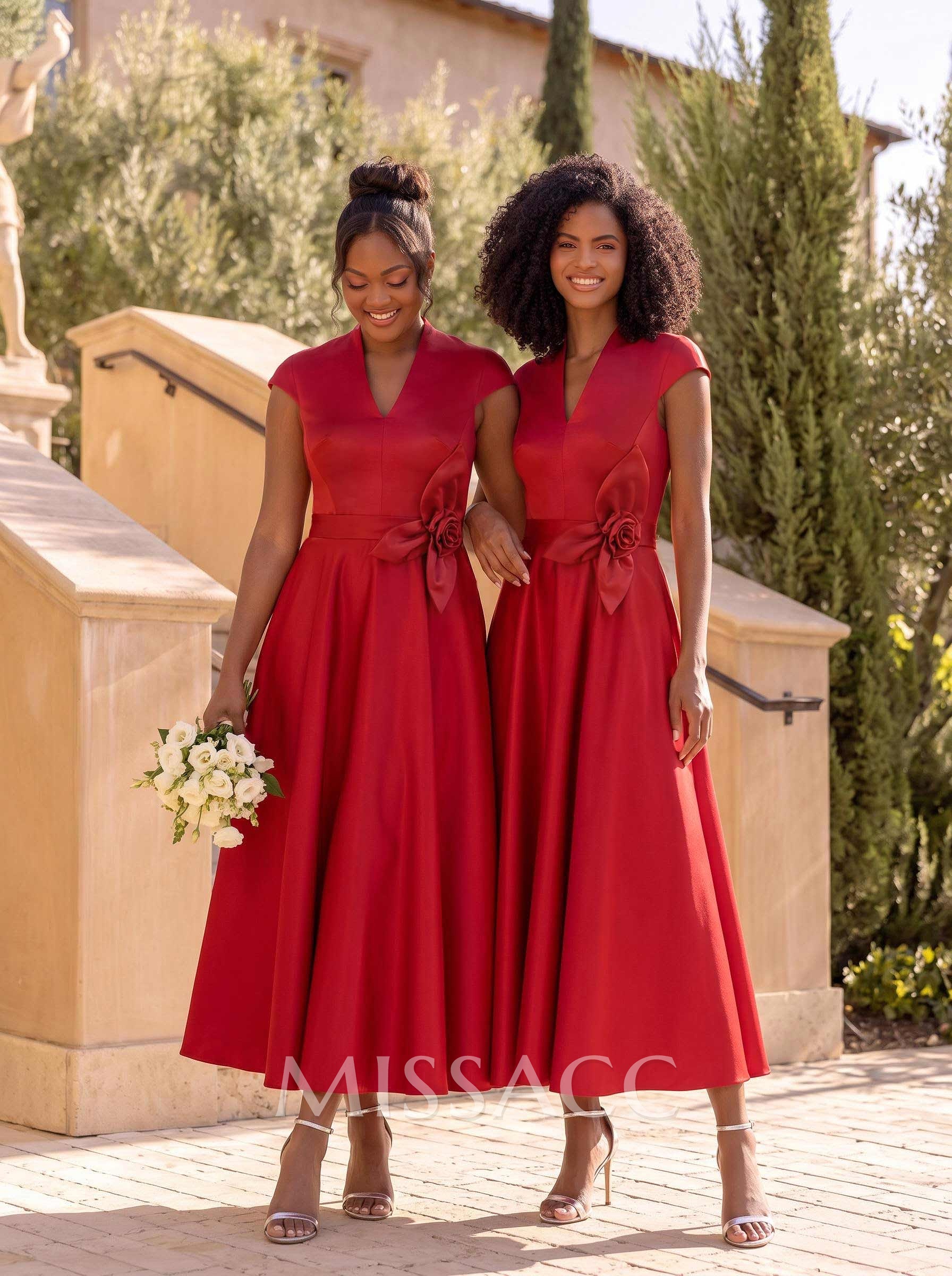 Ball-Gown V-Neck Short Sleeve Satin Bridesmaid Dresses With Flowers