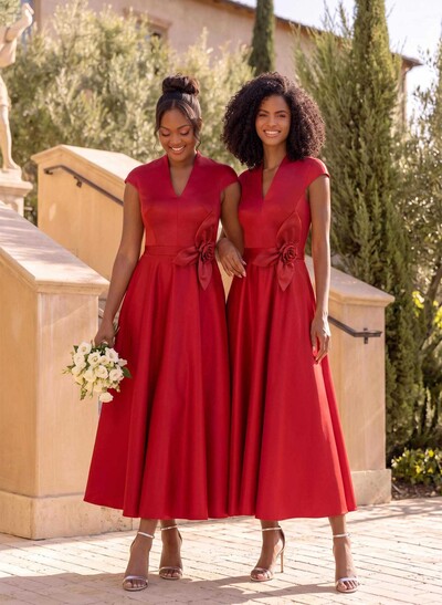 Ball-Gown V-Neck Short Sleeves Satin Bridesmaid Dresses With Flower(s)