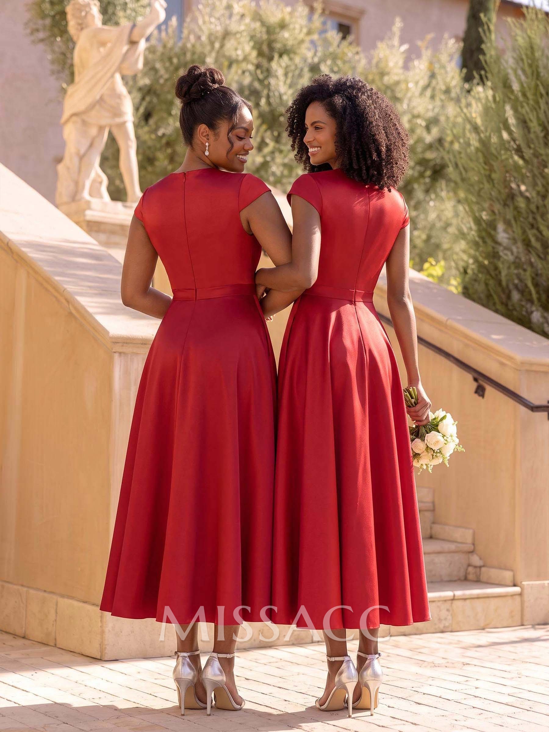 Ball-Gown V-Neck Short Sleeves Satin Bridesmaid Dresses With Flower(s)
