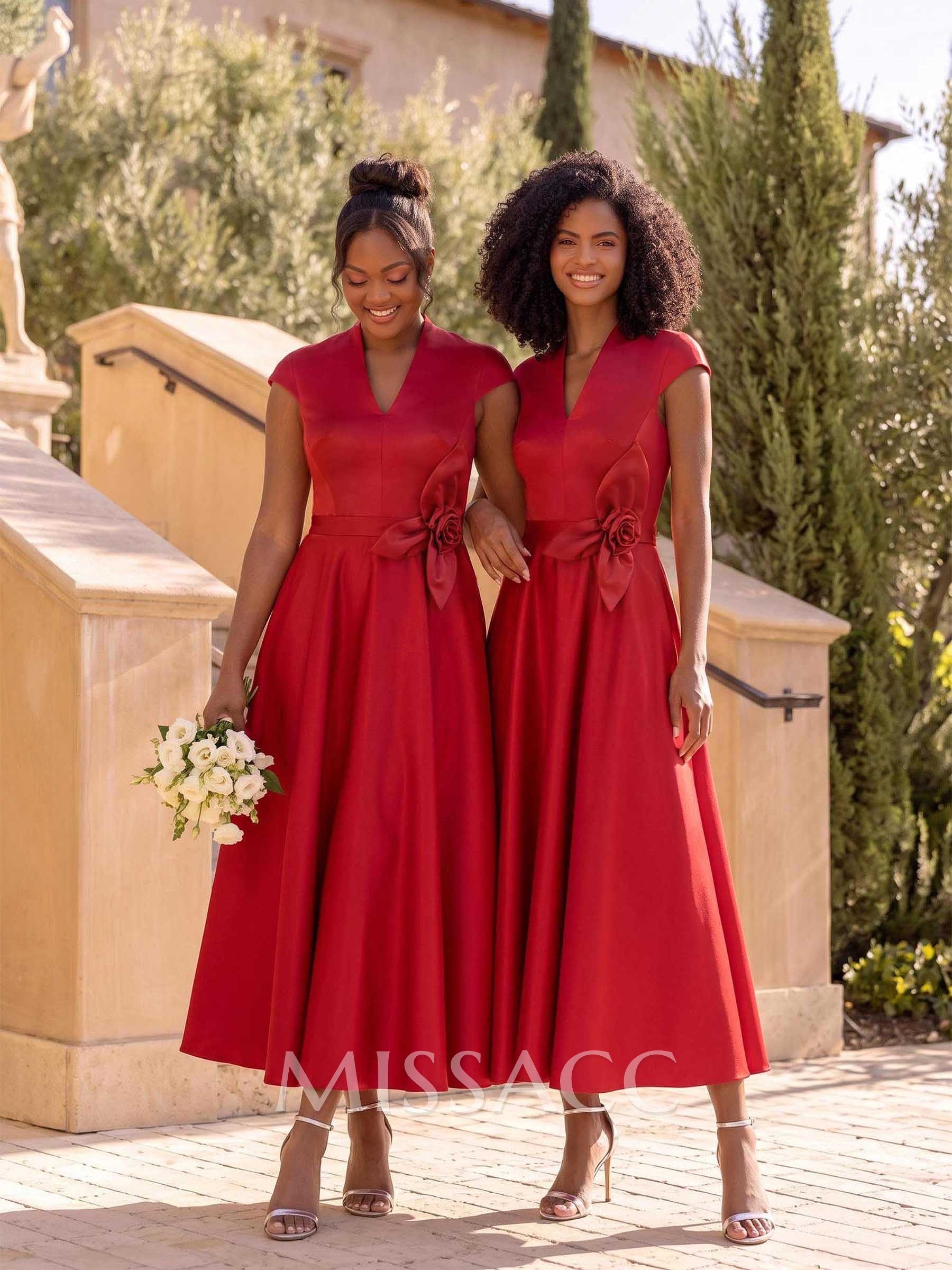 Ball-Gown V-Neck Short Sleeves Satin Bridesmaid Dresses With Flower(s)