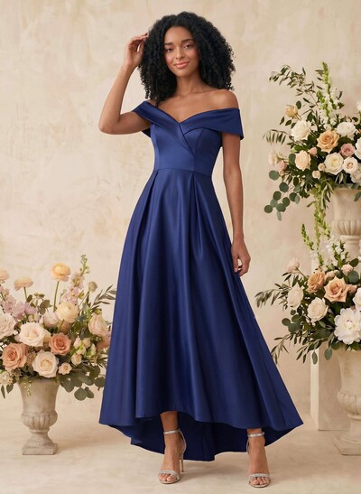 A-Line Off-The-Shoulder Sleeveless Asymmetrical Satin Bridesmaid Dresses