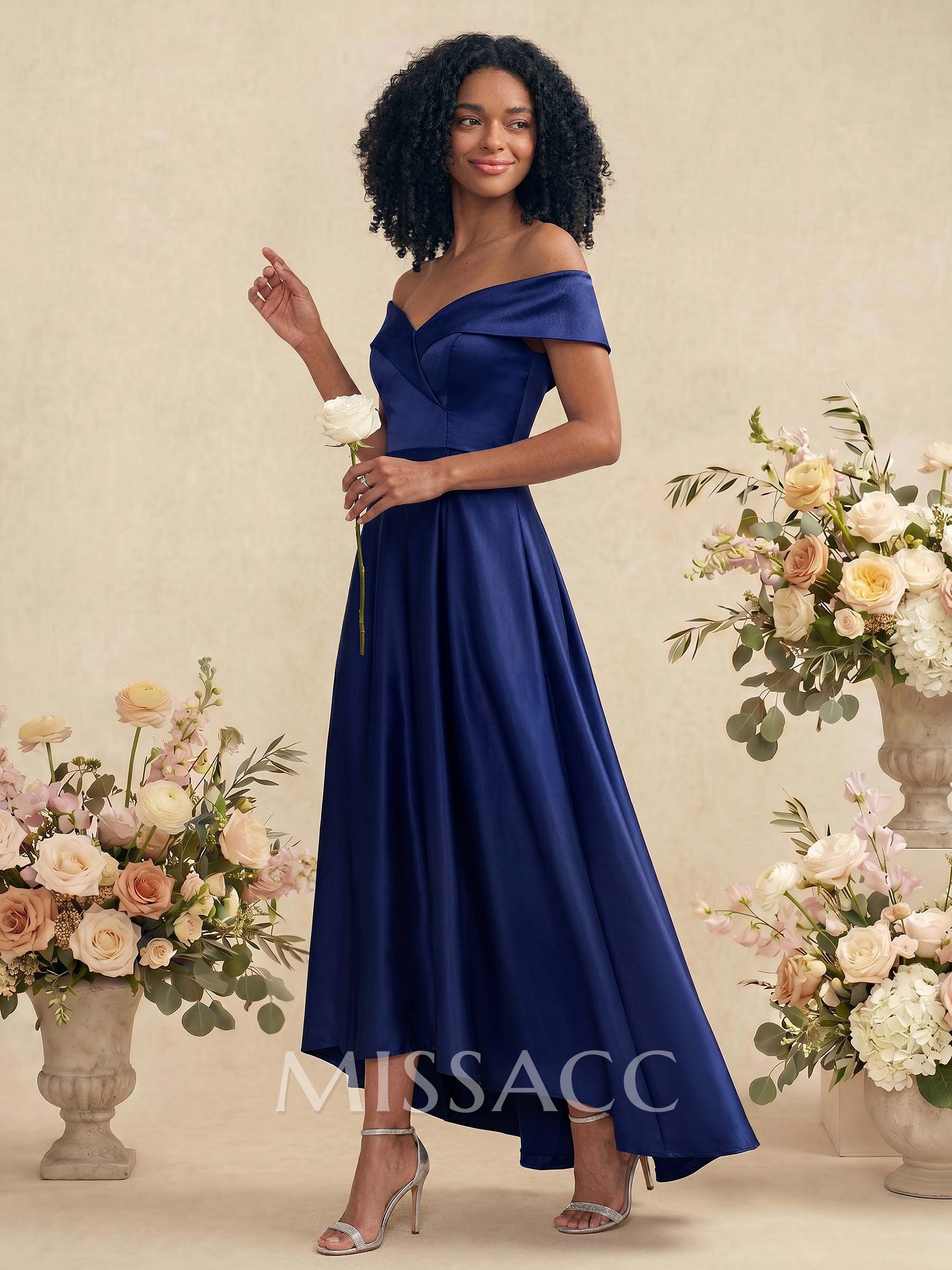A-Line Off-The-Shoulder Sleeveless Asymmetrical Satin Bridesmaid Dresses A-Line Off-The-Shoulder Sleeveless Asymmetrical Satin Bridesmaid Dresses