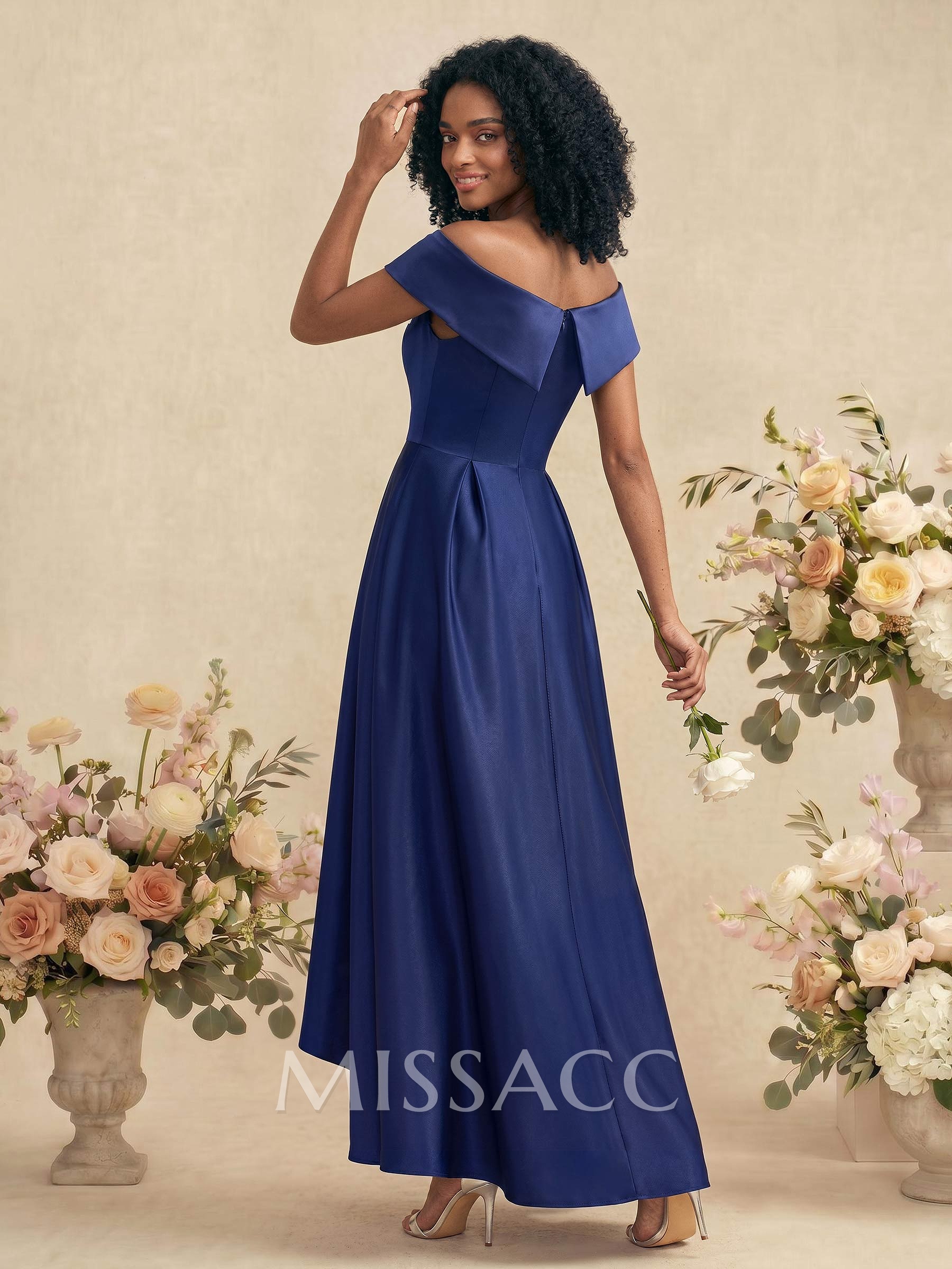 A-Line Off-The-Shoulder Sleeveless Asymmetrical Satin Bridesmaid Dresses A-Line Off-The-Shoulder Sleeveless Asymmetrical Satin Bridesmaid Dresses