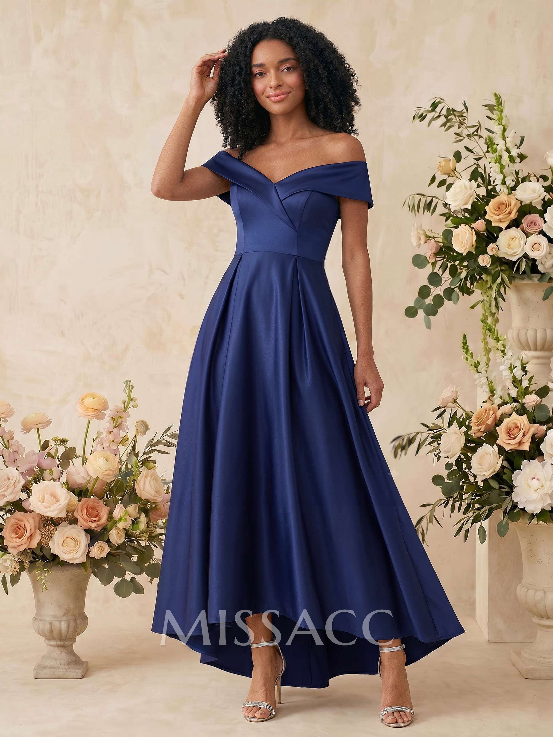 A-Line Off-The-Shoulder Sleeveless Asymmetrical Satin Bridesmaid Dresses A-Line Off-The-Shoulder Sleeveless Asymmetrical Satin Bridesmaid Dresses