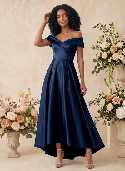A-Line Off-The-Shoulder Sleeveless Asymmetrical Satin Bridesmaid Dresses
