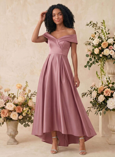A-Line Off-The-Shoulder Sleeveless Asymmetrical Satin Bridesmaid Dresses