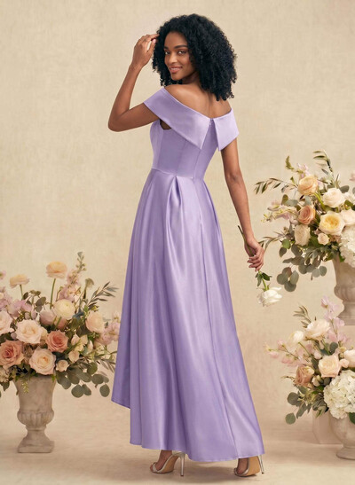 A-Line Off-The-Shoulder Sleeveless Asymmetrical Satin Bridesmaid Dresses