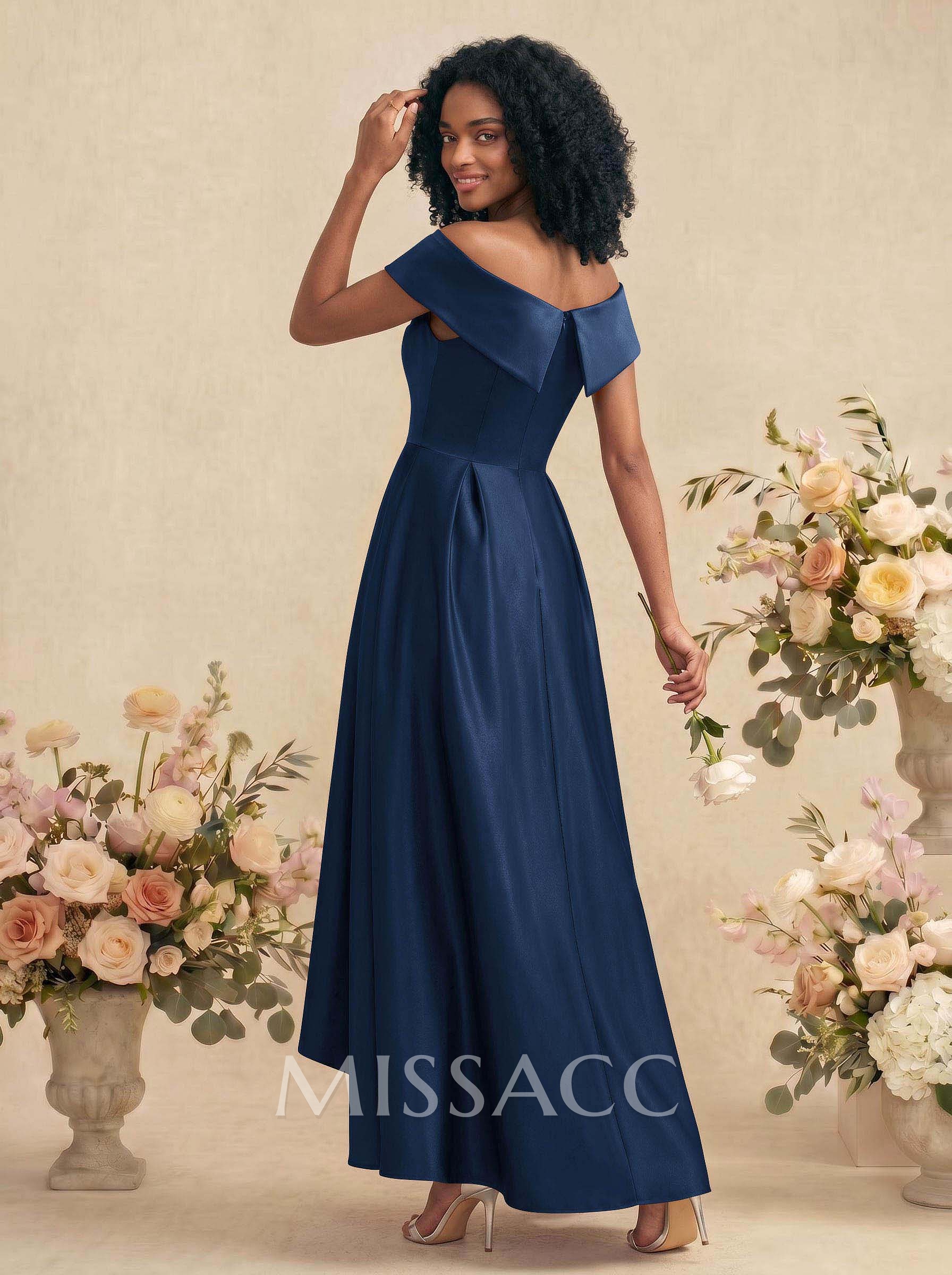 A-Line Off-The-Shoulder Sleeveless Asymmetrical Satin Bridesmaid Dresses