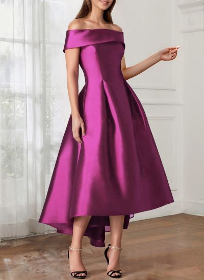 A-Line Off-The-Shoulder Sleeveless Tea-Length Satin Bridesmaid Dresses